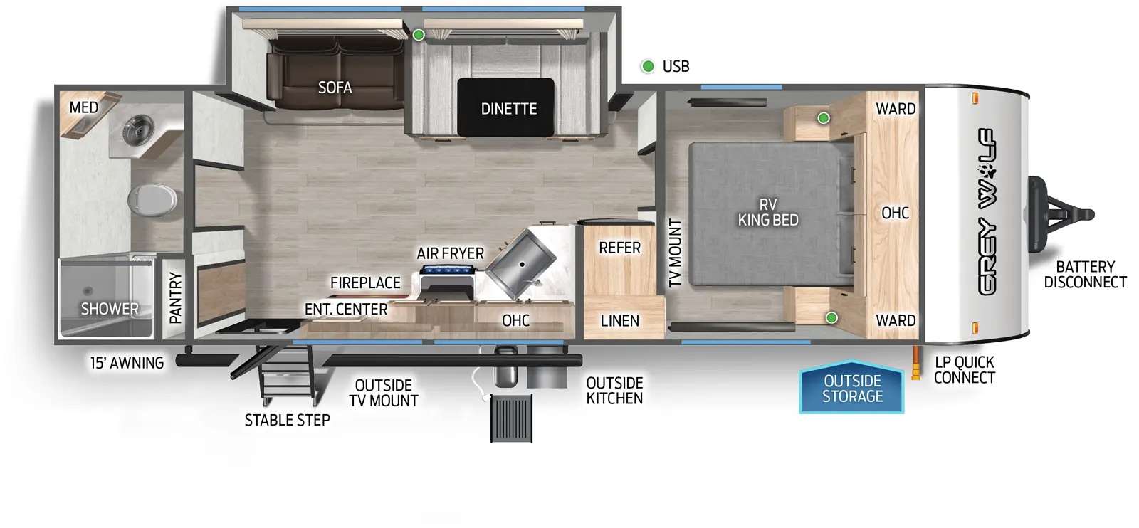 The Grey Wolf 26LK floorplan has one entry and one slide out. Exterior features include: metal exterior, 15' awning and outside kitchen. Interiors features include: u-dinette, front bedroom and rear bathroom.